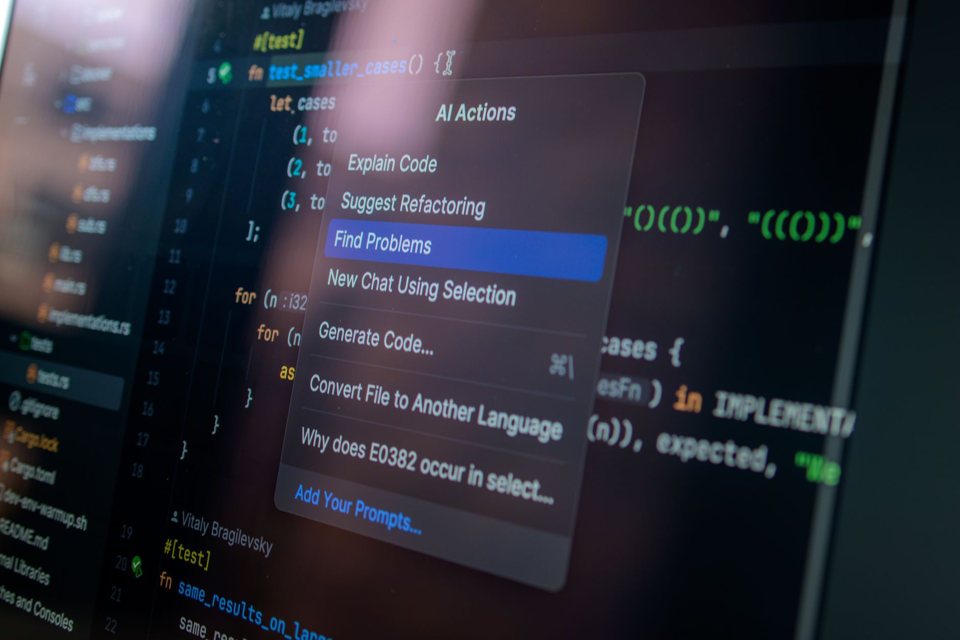 Detailed view of a computer screen displaying code with a menu of AI actions, illustrating modern software development.