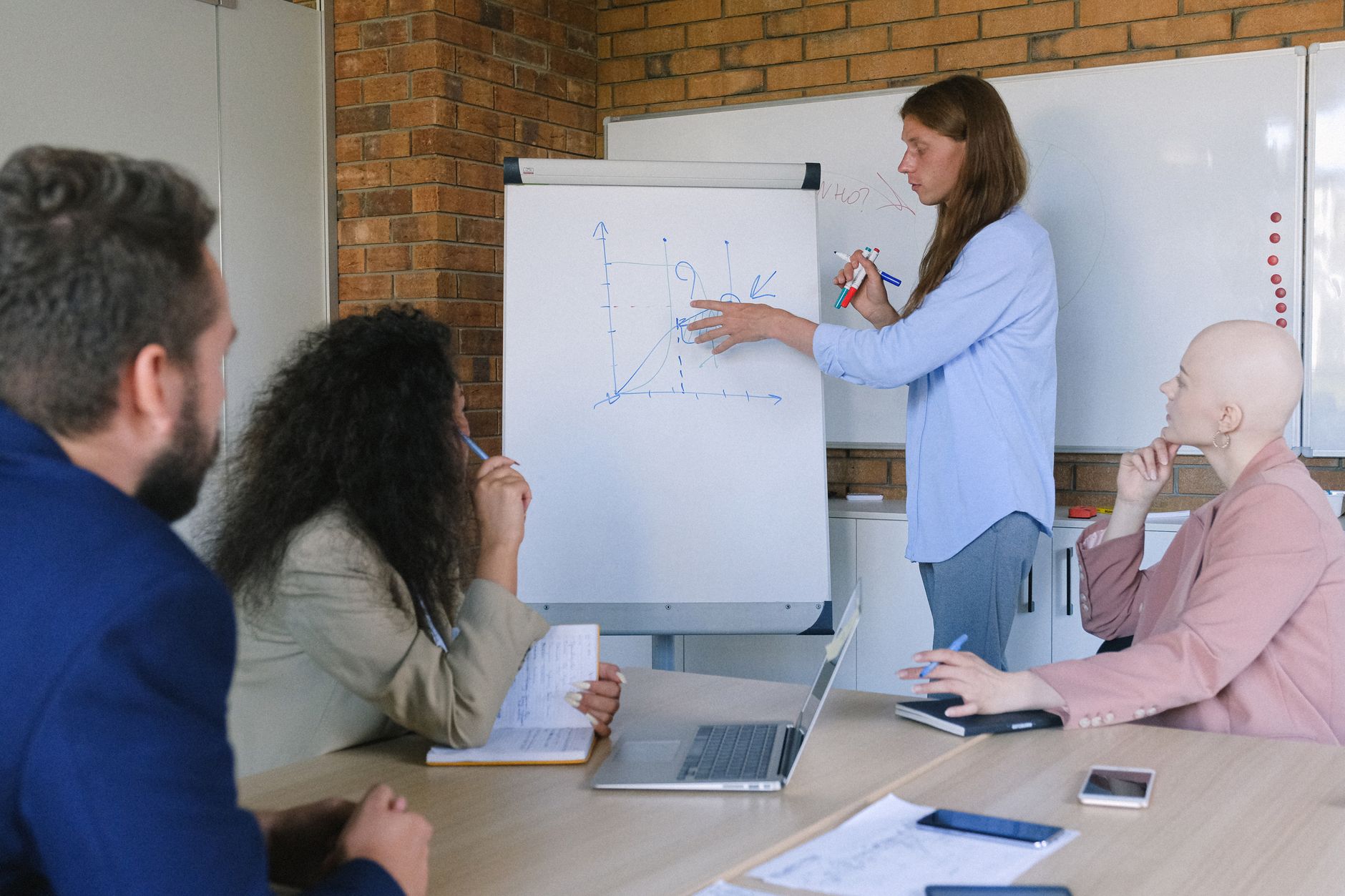 Group of pensive coworkers sitting at wooden table with gadgets and documents and listening presentations of colleague drawing graph in flip