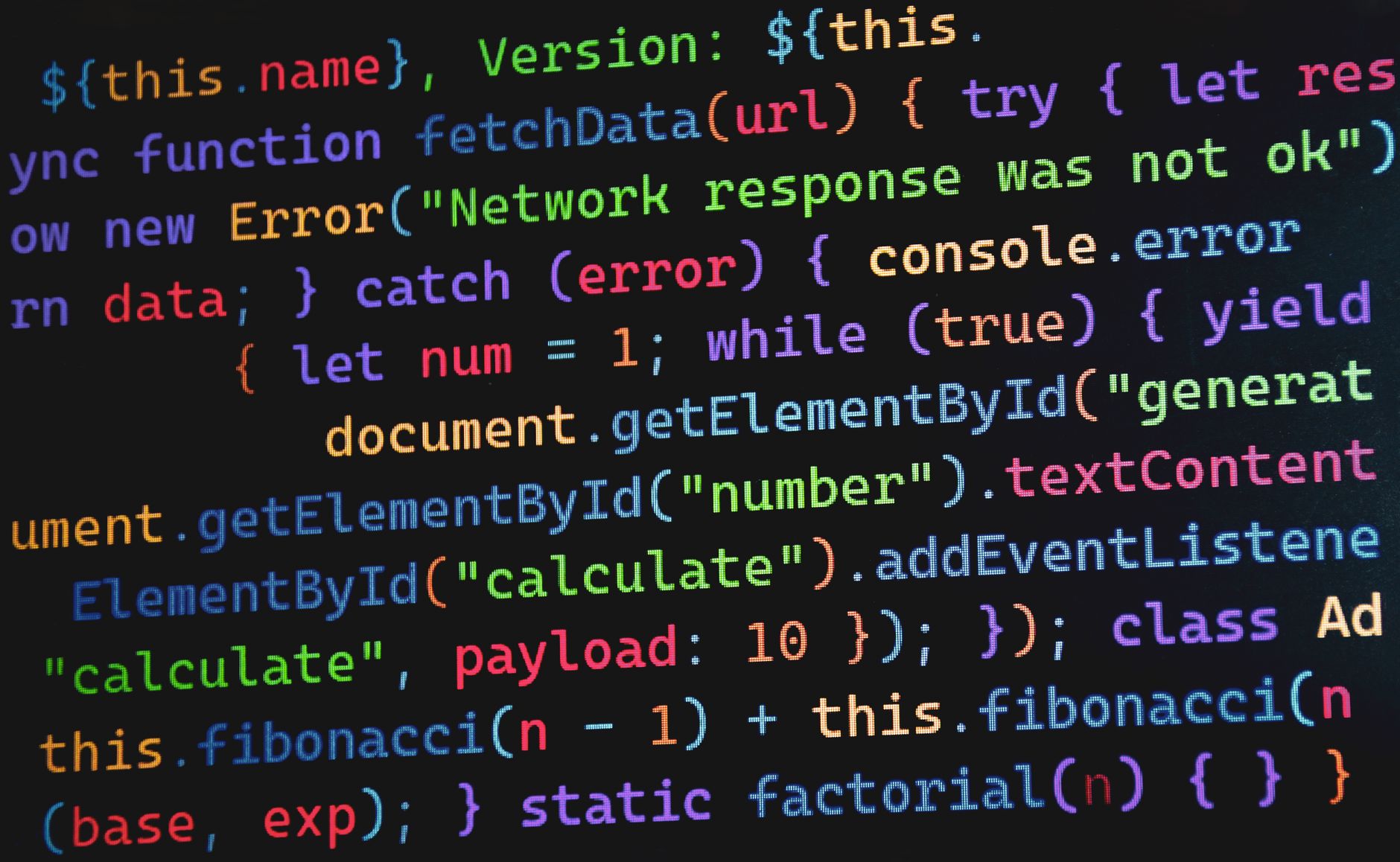 Vibrant JavaScript code displayed on a screen, highlighting programming concepts and software development.