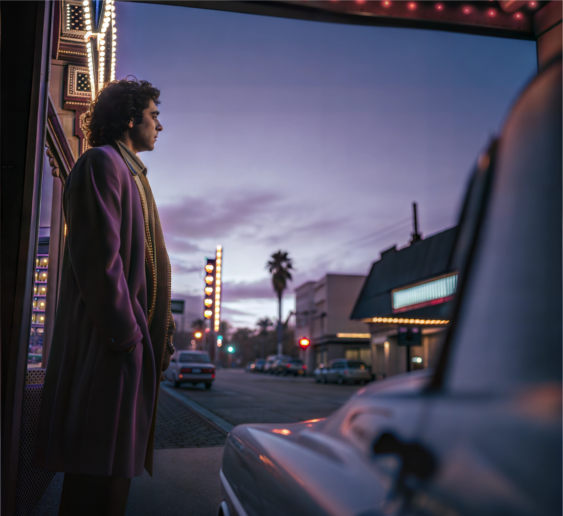 Cinematic shot at dusk of a colorful movie scene with neon lights and a man outside (AI-generated)