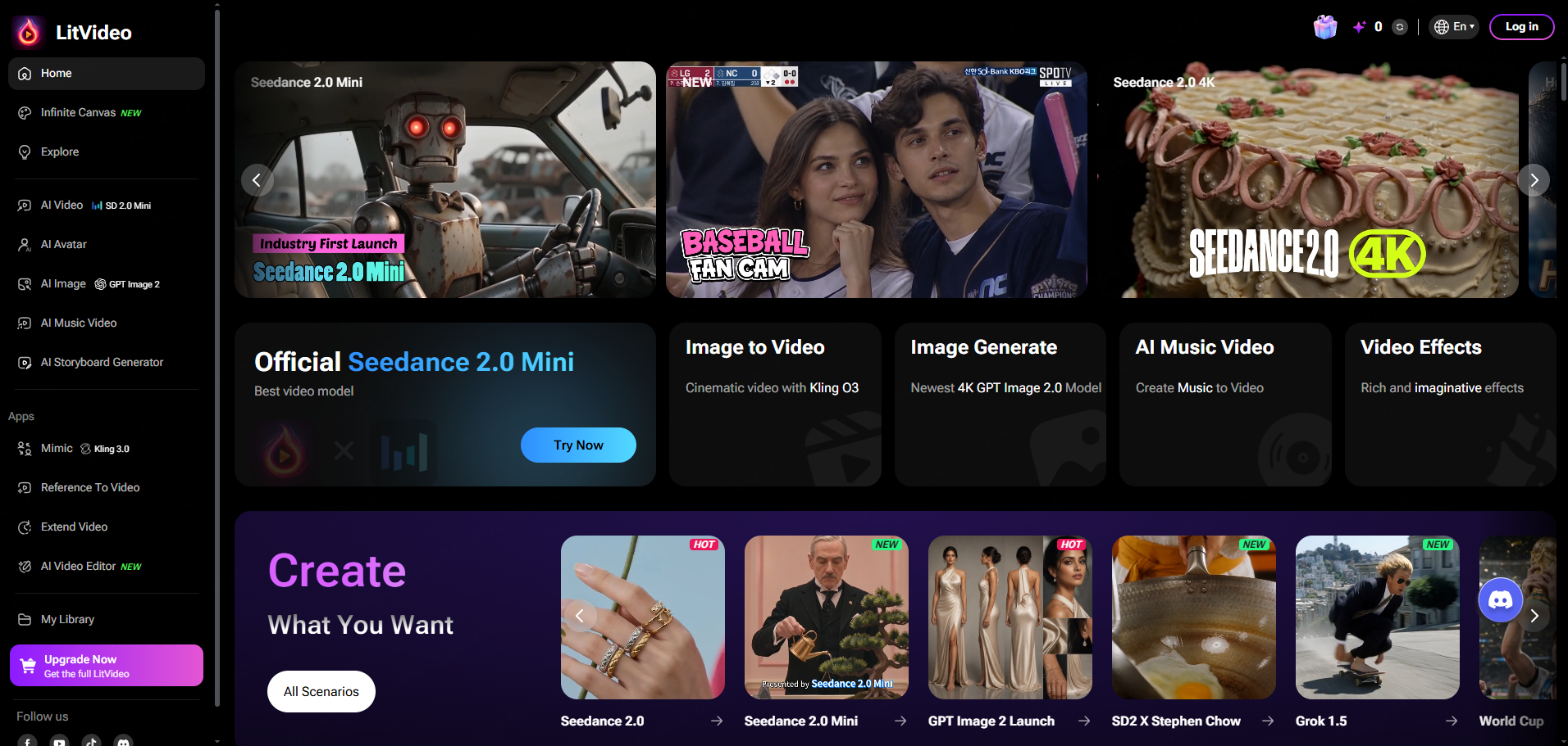 Screenshot of LitVideo AI platform interface, showing AI video generation tools including Seedance 2.0 Mini, Image to Video, Image Generate,
